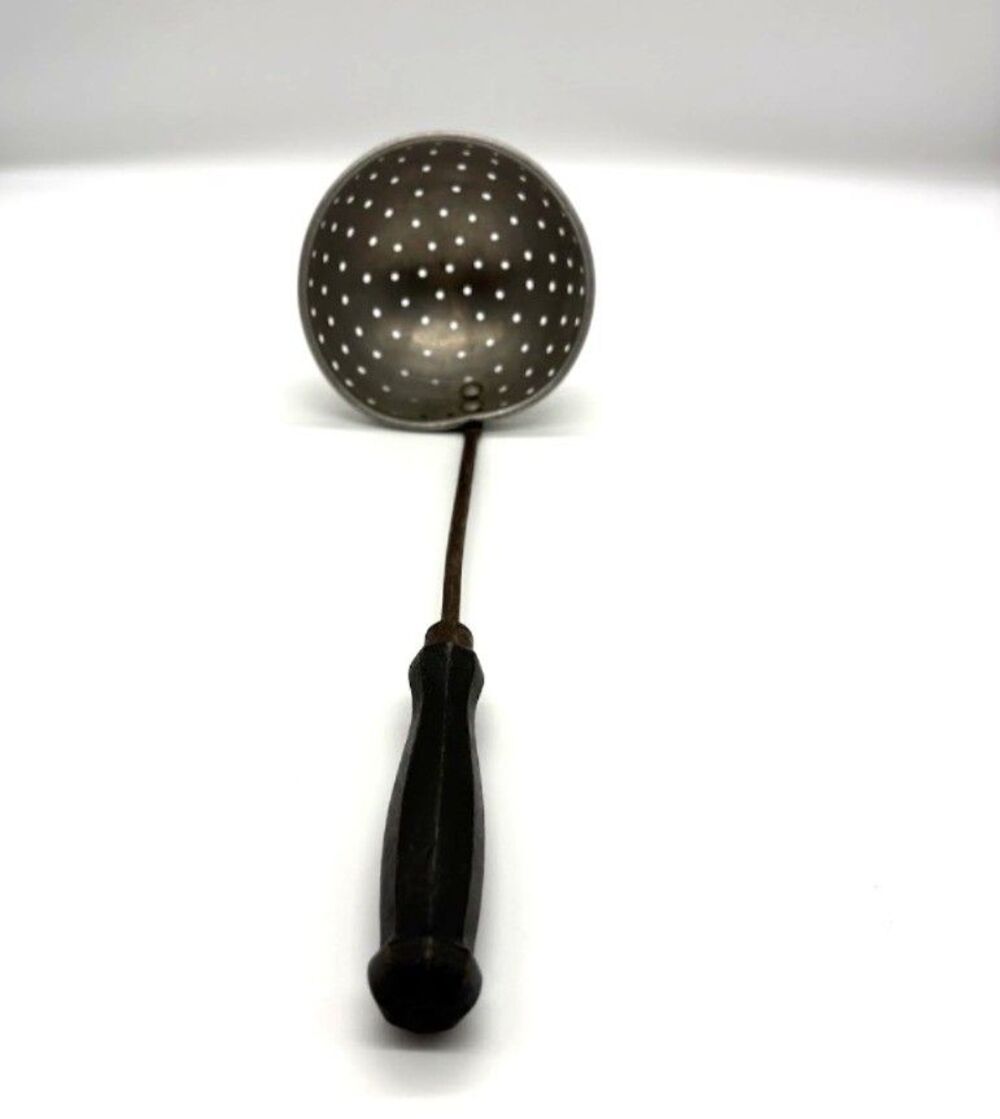 Antique Tin Kitchen Skimmer Strainer Black Wood Handle 13" Primitive Riveted